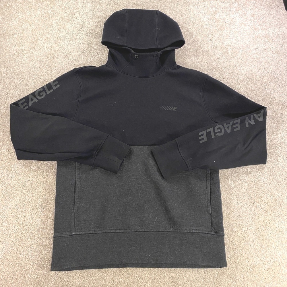 American Eagle Hoodie Mens Small Black Charcoal Colorblock Logo Graphic